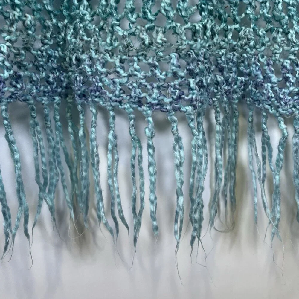 Vintage Handmade Blue Sully Open-Weave Fringe Throw Retro Accent Blanket Boho